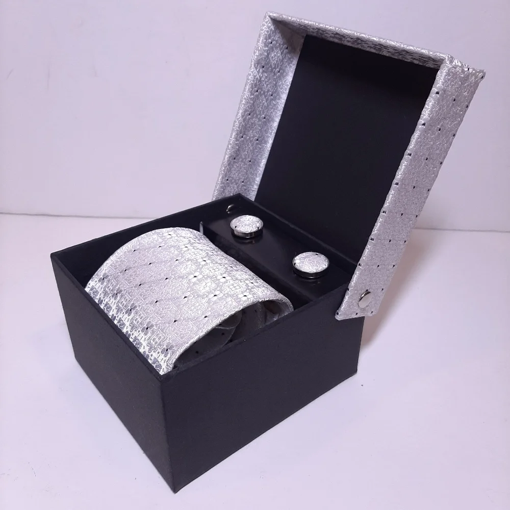 💠3Pc Boxed Gift Tie Set Coordinated Cuff Links Hankerchief Silver Metallic